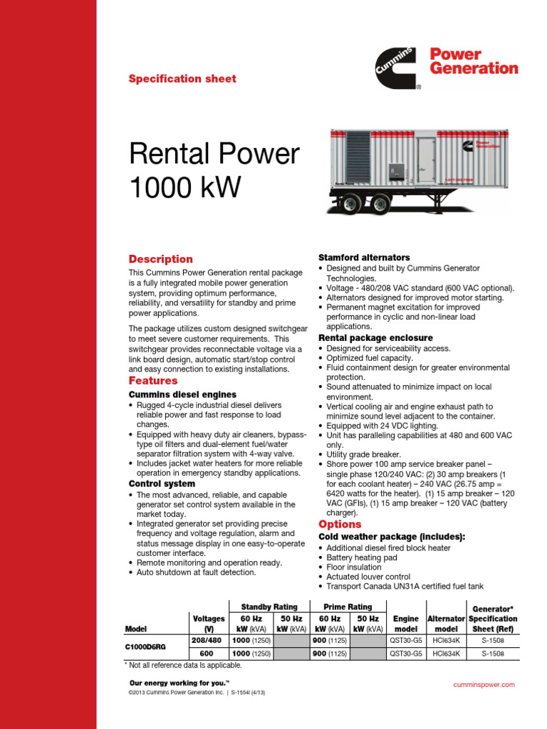 Cummins C1000 Spec Sheet PDF Alternating Current Electric Generator