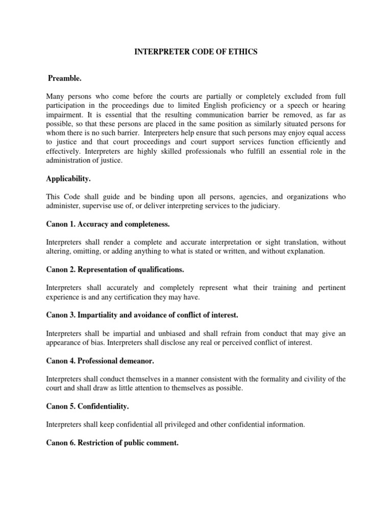 Interpreter Code of Ethics PDF Language Interpretation Conflict