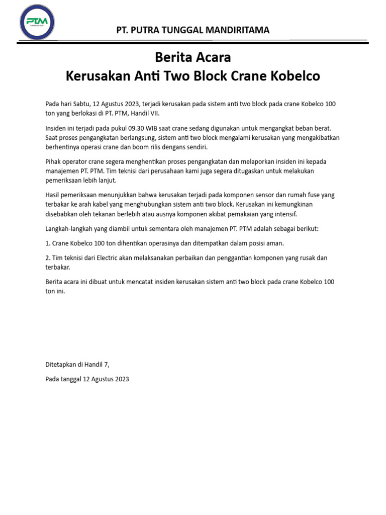 Berita Acara Anti Two Block Crane Kobelco | PDF