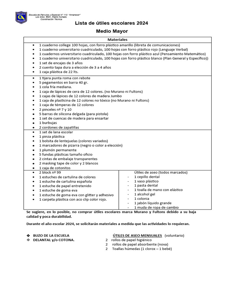 Lista de Útiles Escolares 2024 - Medio Mayor | PDF | Materiales | Papelería