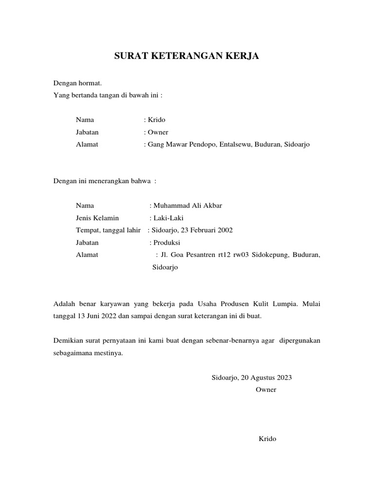 CONTOH Surat Keterangan Kerja | PDF