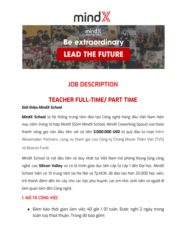 JD - MINDX School - Teacher Full Time - Part Time | PDF