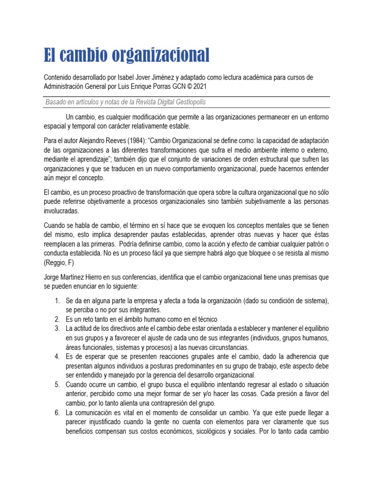 El Cambio Organizacional | PDF | Comportamiento | Aprendizaje