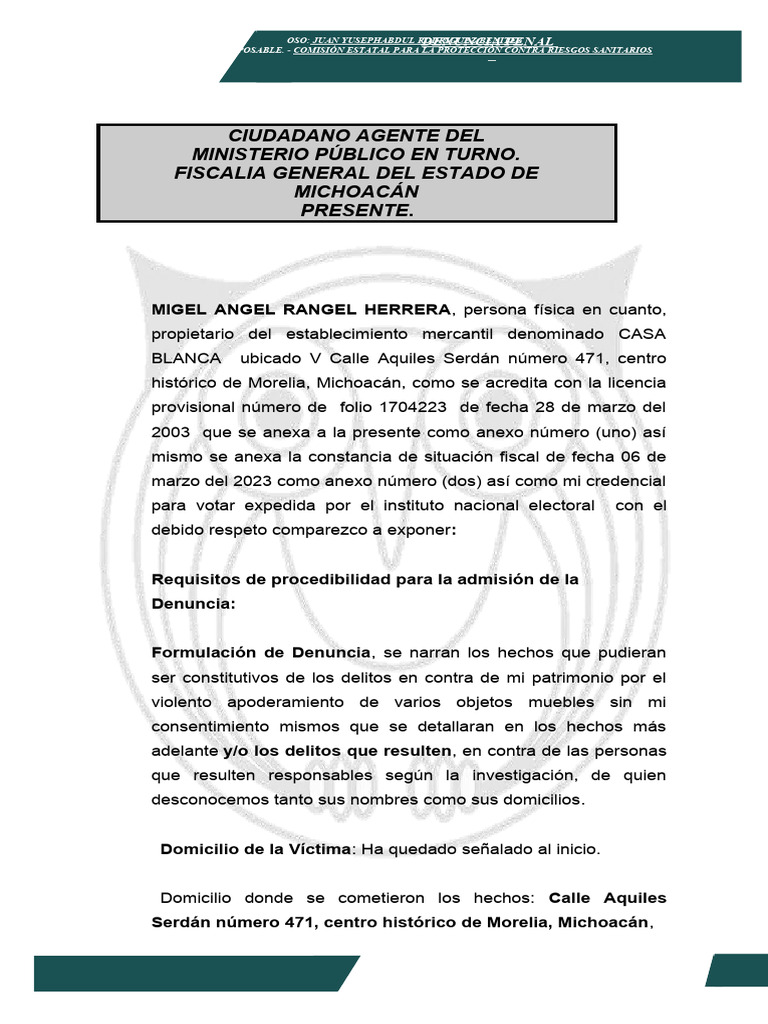 Denuncia Penal por Robo Violento en Morelia | PDF | Justicia | Crimen y ...
