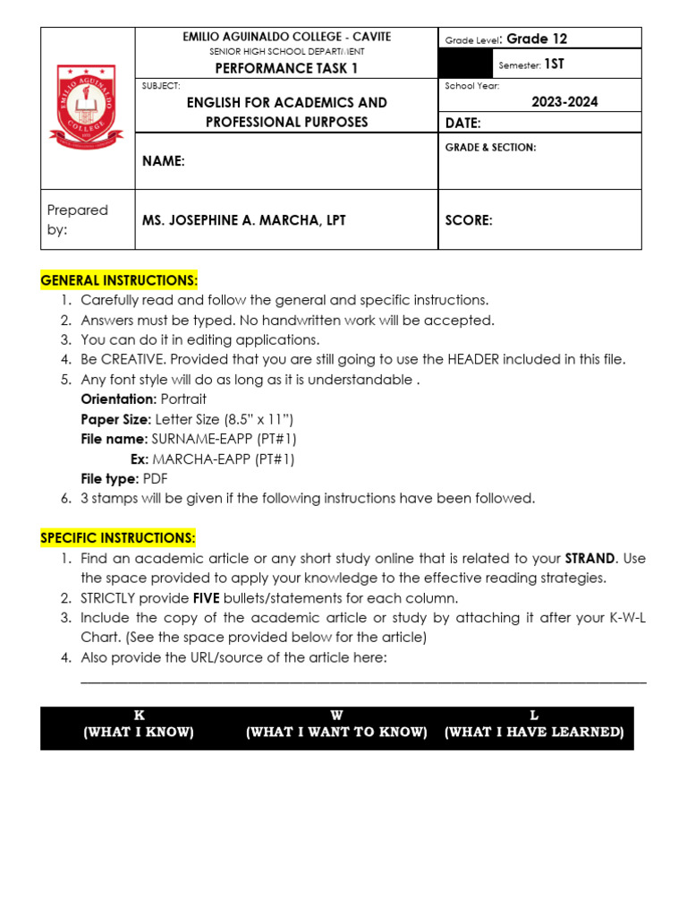 PT1KWL Chart PDF Rubric (Academic) Cognition