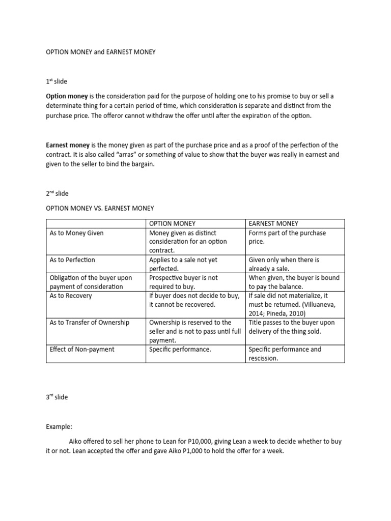 Option Money vs. Earnest Money Explained | PDF | Option (Finance ...