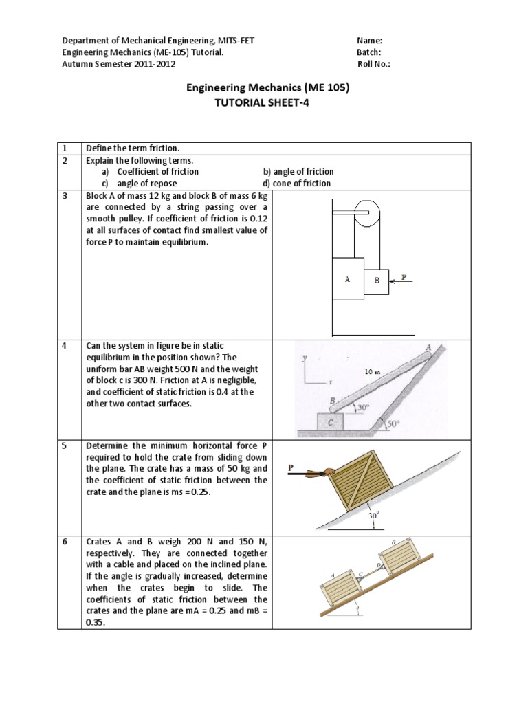 Engineering Mechanics Tutorial Sheet 4 | PDF | Friction | Force