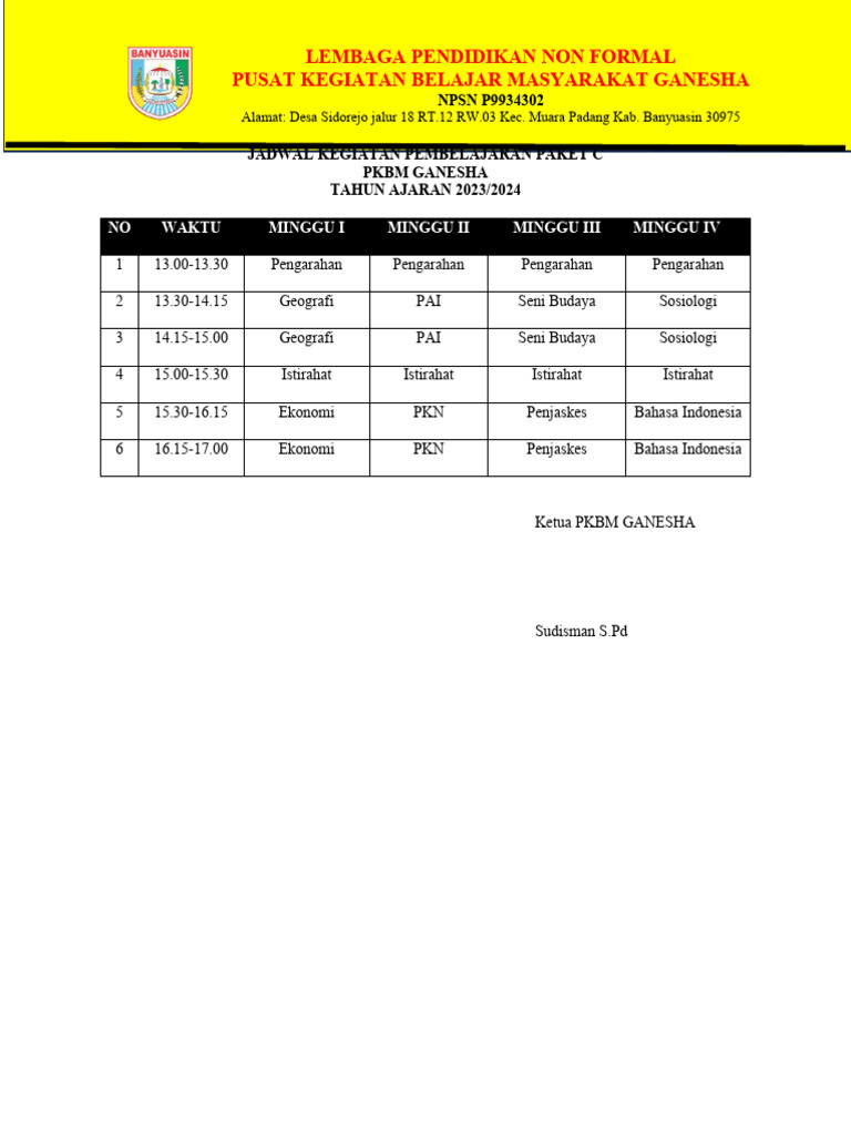 Jadwal Pelajaran Paket C 2023/2024 | PDF