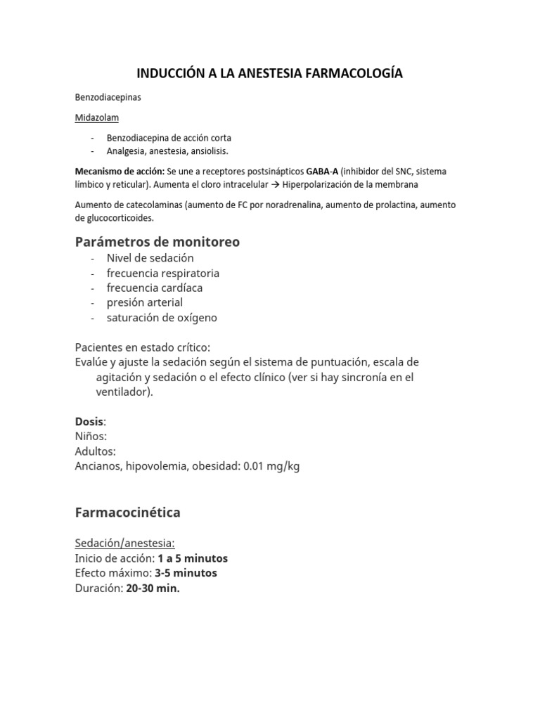Inducción A La Anestesia Farmacología Pdf Benzodiazepinas Midazolam