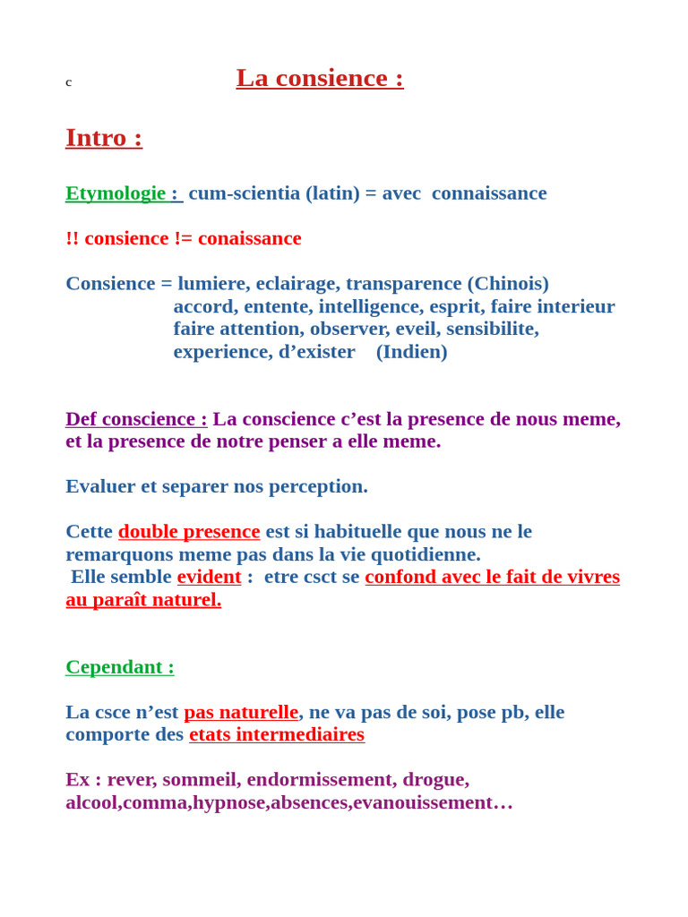 La Conscience en Philosophie | PDF | Conscience | Métaphysique de l'esprit