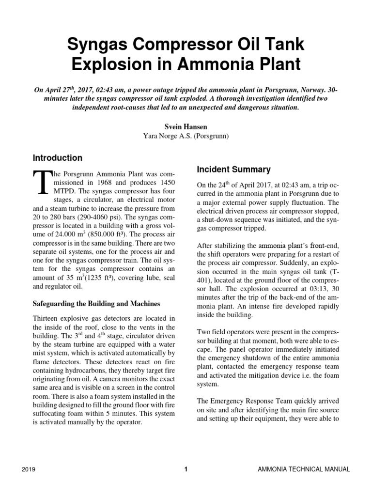 Syngas Compressor Oil Tank Explosion | PDF | Fires | Nitrogen
