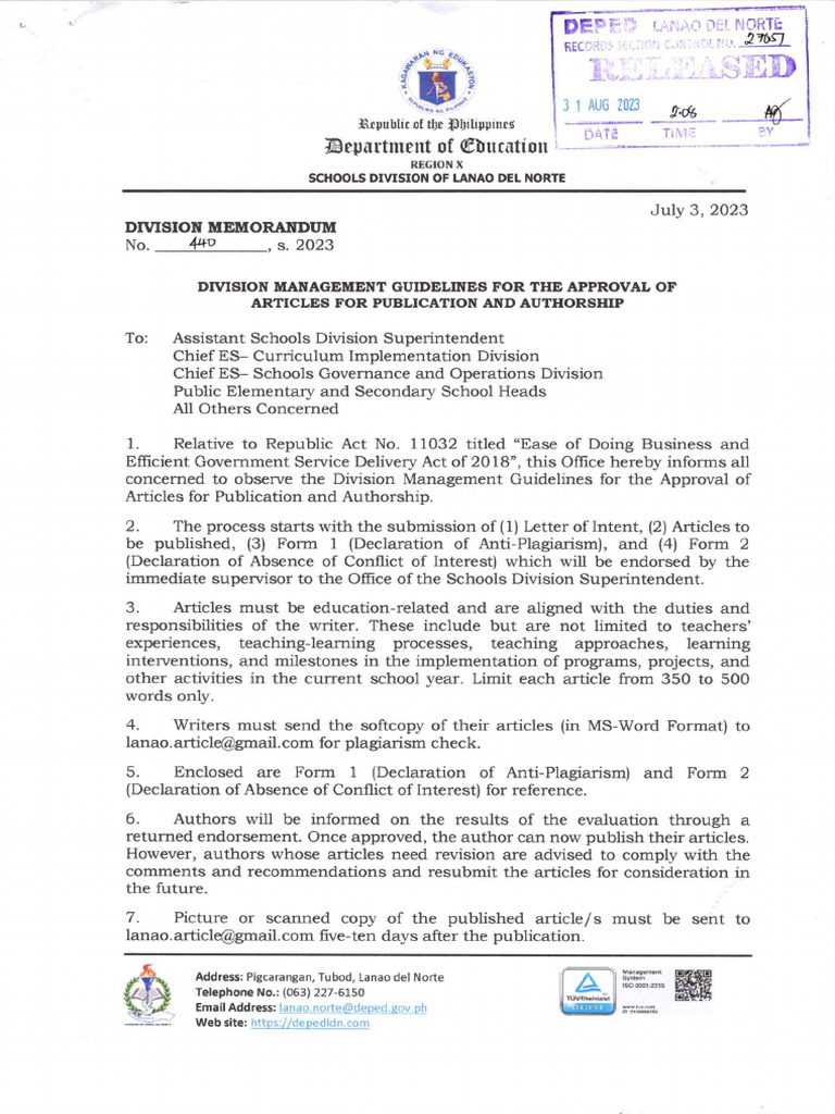 Division Management Guidelines For The Approval of Articles For ...