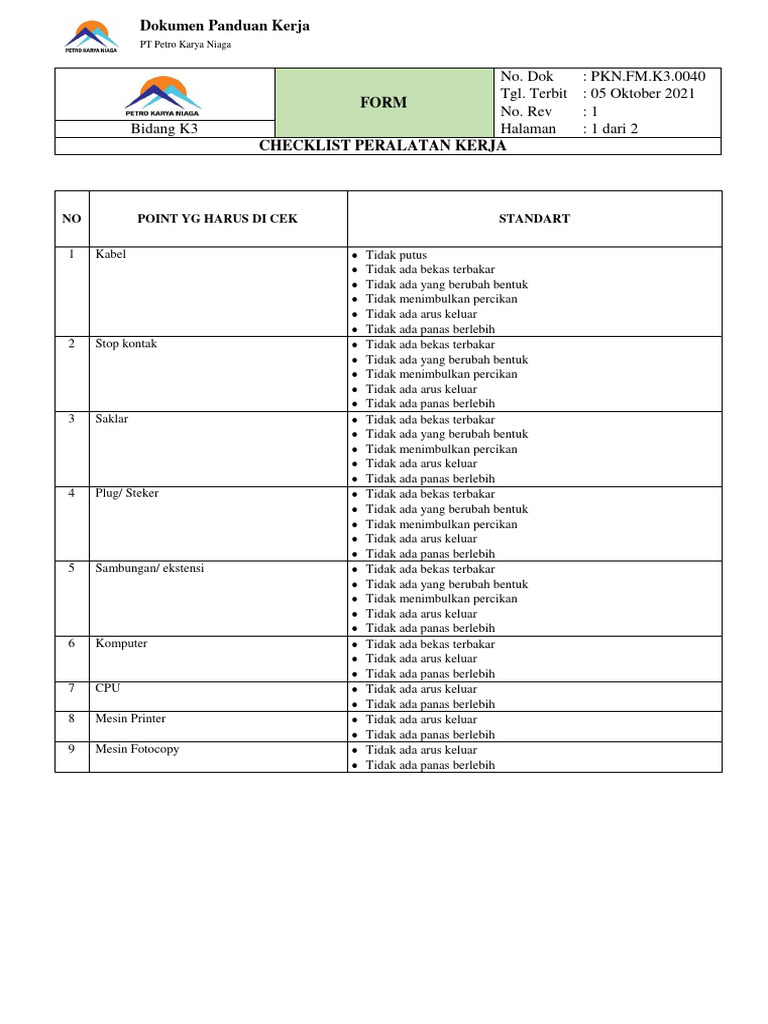 Inspeksi Peralatan Kerja Pdf