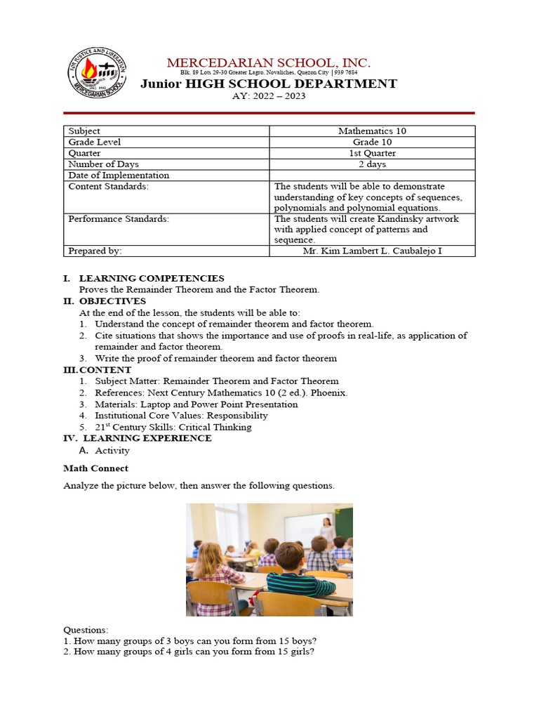 Grade 10 Math: Remainder & Factor Theorems | PDF | Mathematics | Theorem
