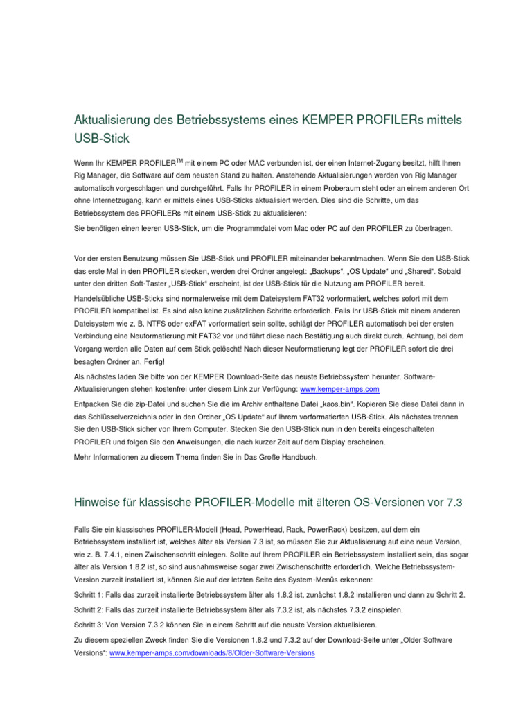 Aktualisierung Des Betriebssystems Eines KEMPER PROFILERs Mittels USB ...