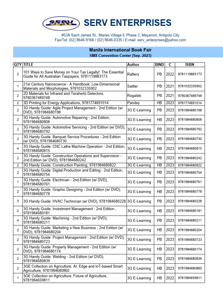 Serv Enterprises Book Fair Listings | PDF | Engineering | Science