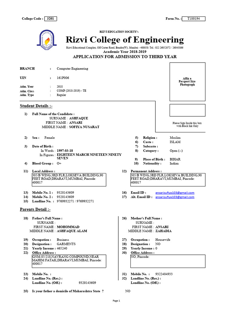 Rizvi college of engineering application for admission to third year