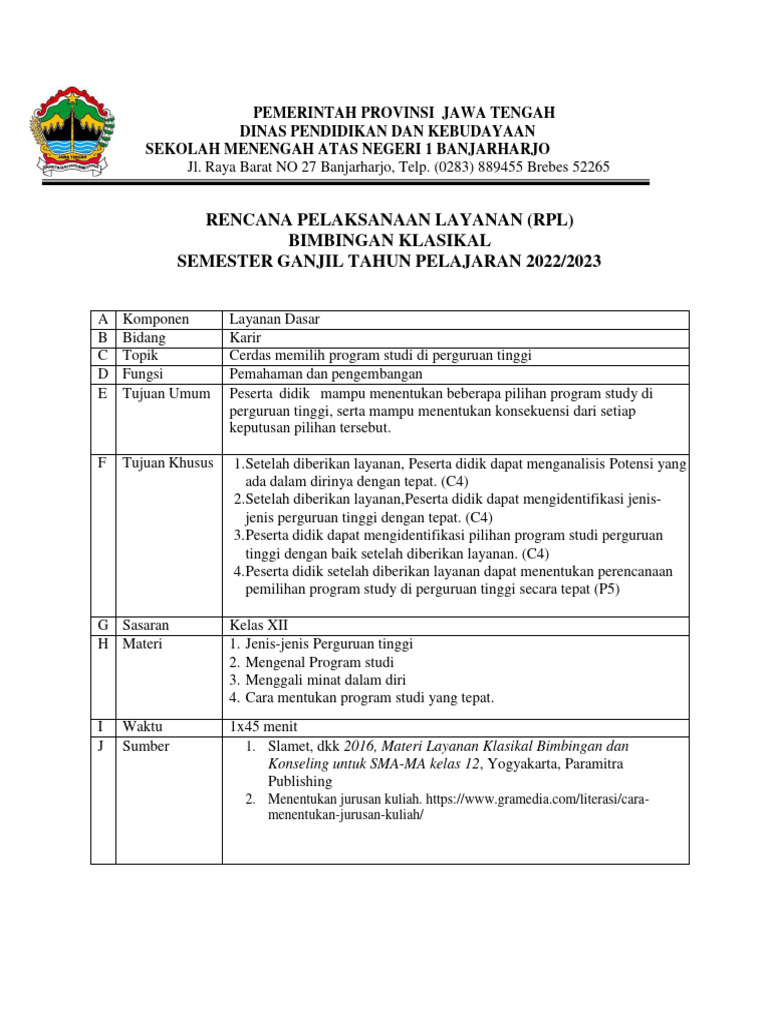 Rencana Pelaksanaan Layanan Bimbingan Klasikal | PDF