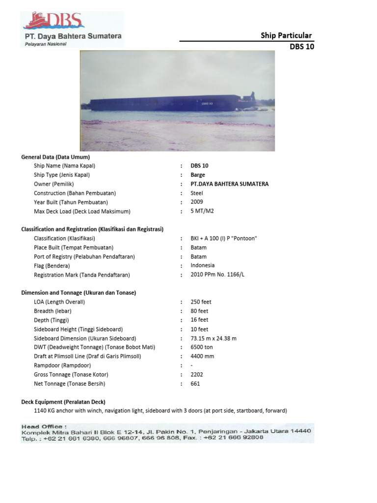 DBS 10 Barge Specifications and Details | PDF