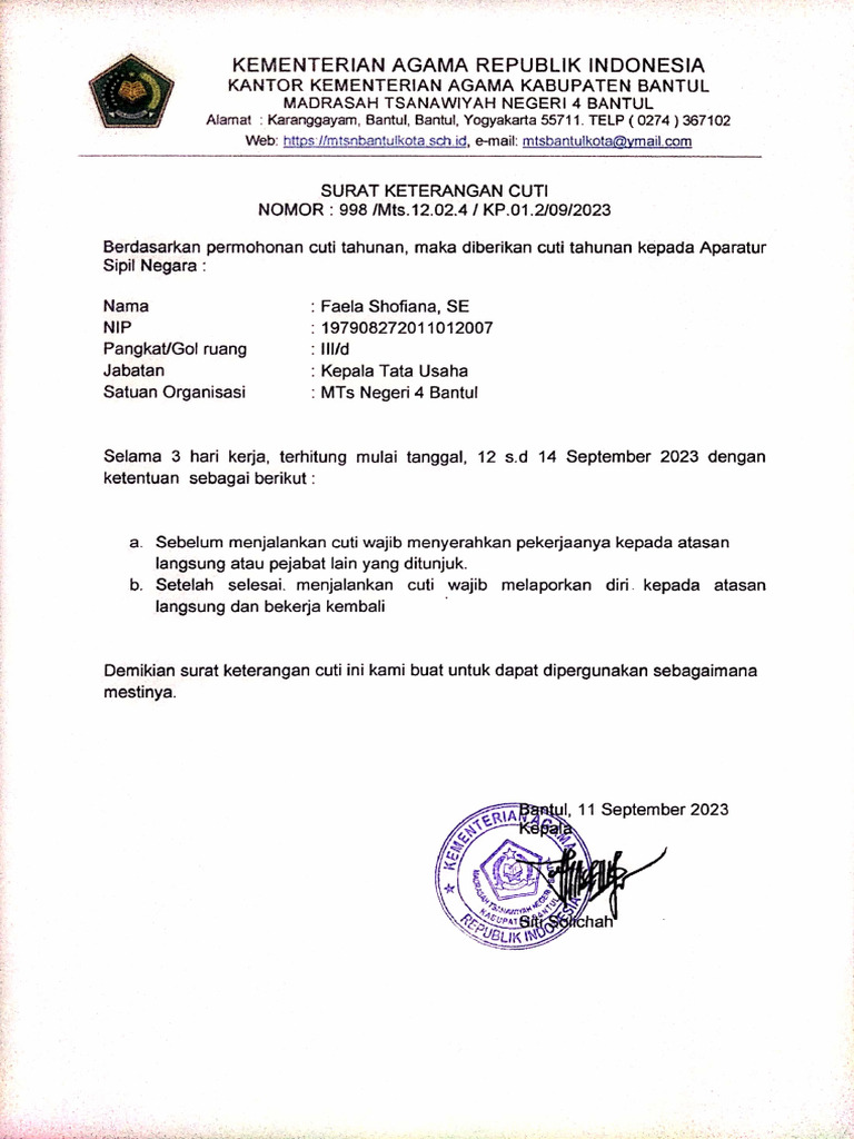 Contoh Surat Cuti Tahunan Pdf