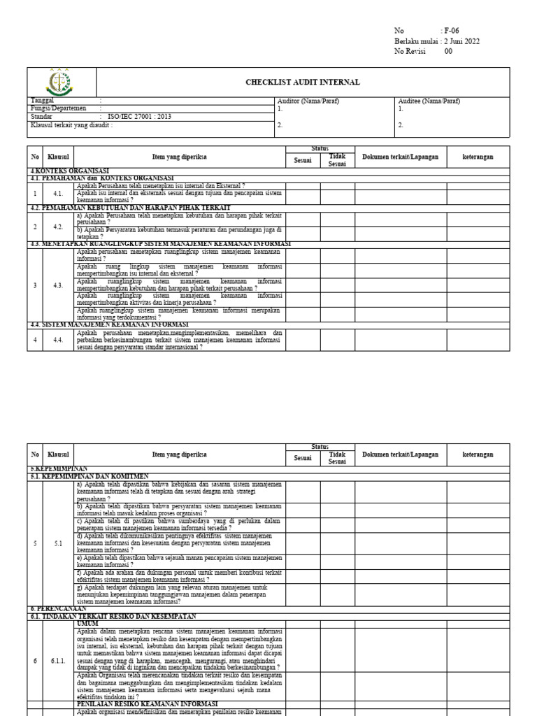 Checklist Audit ISO 27001 Internal | PDF