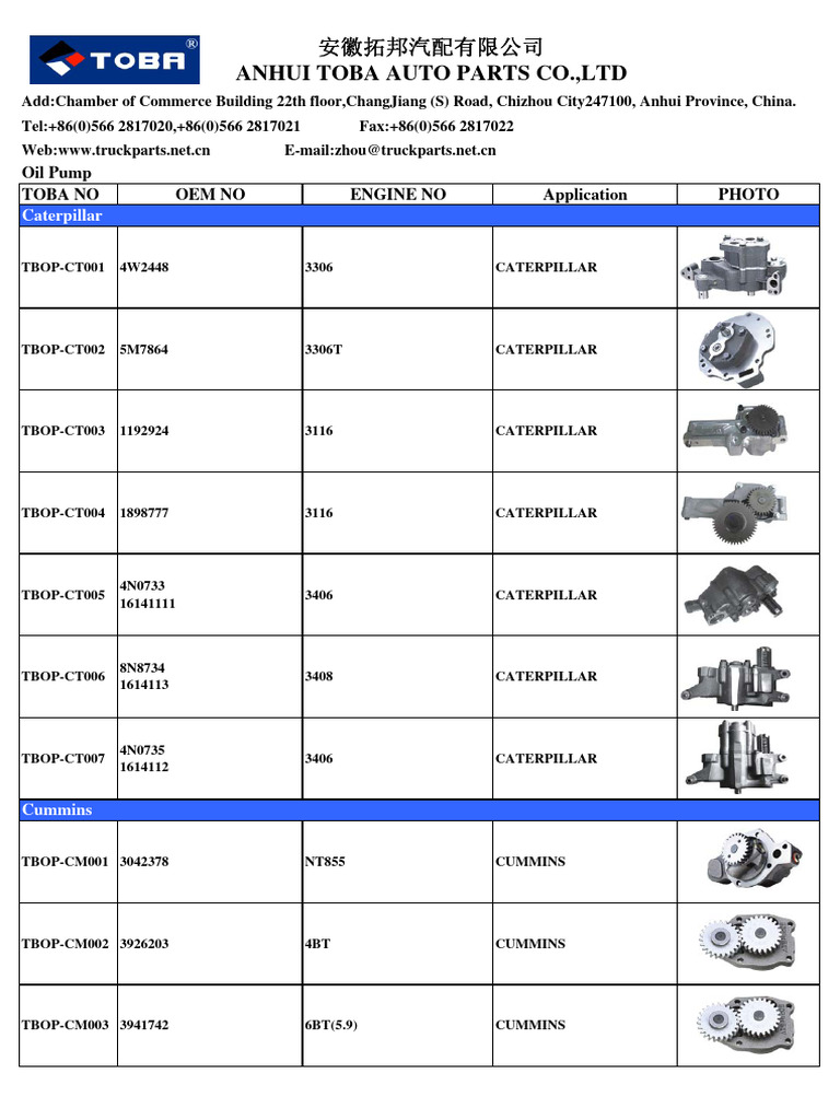 TOBA Truck Oil Pump Catalogue PDF Vehicle Industry Motor Vehicle