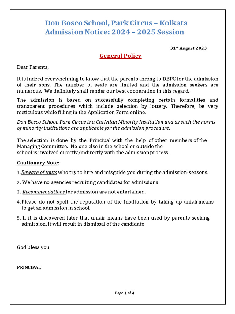Don Bosco School, Park Circus Kolkata Admission Notice 2024 2025