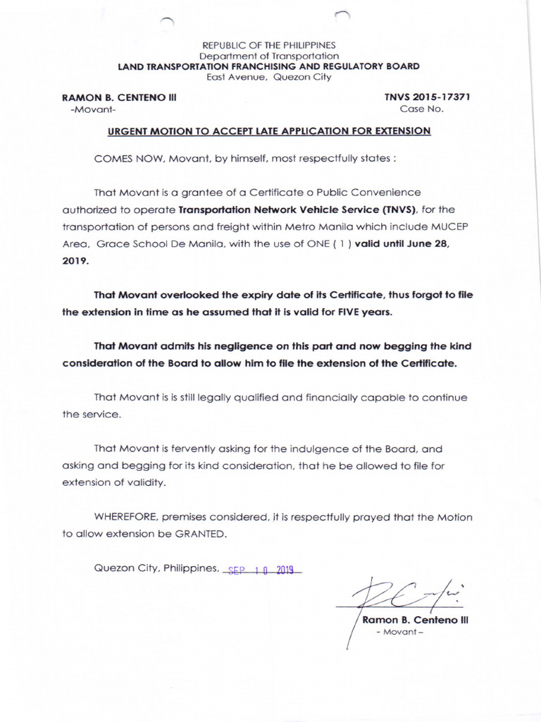 Urgent Motion To Accept Late Application TNVS PDF
