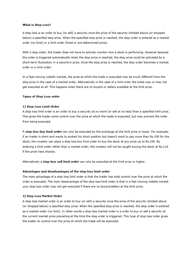 What Is Stop Loss PDF Order (Exchange) Stocks