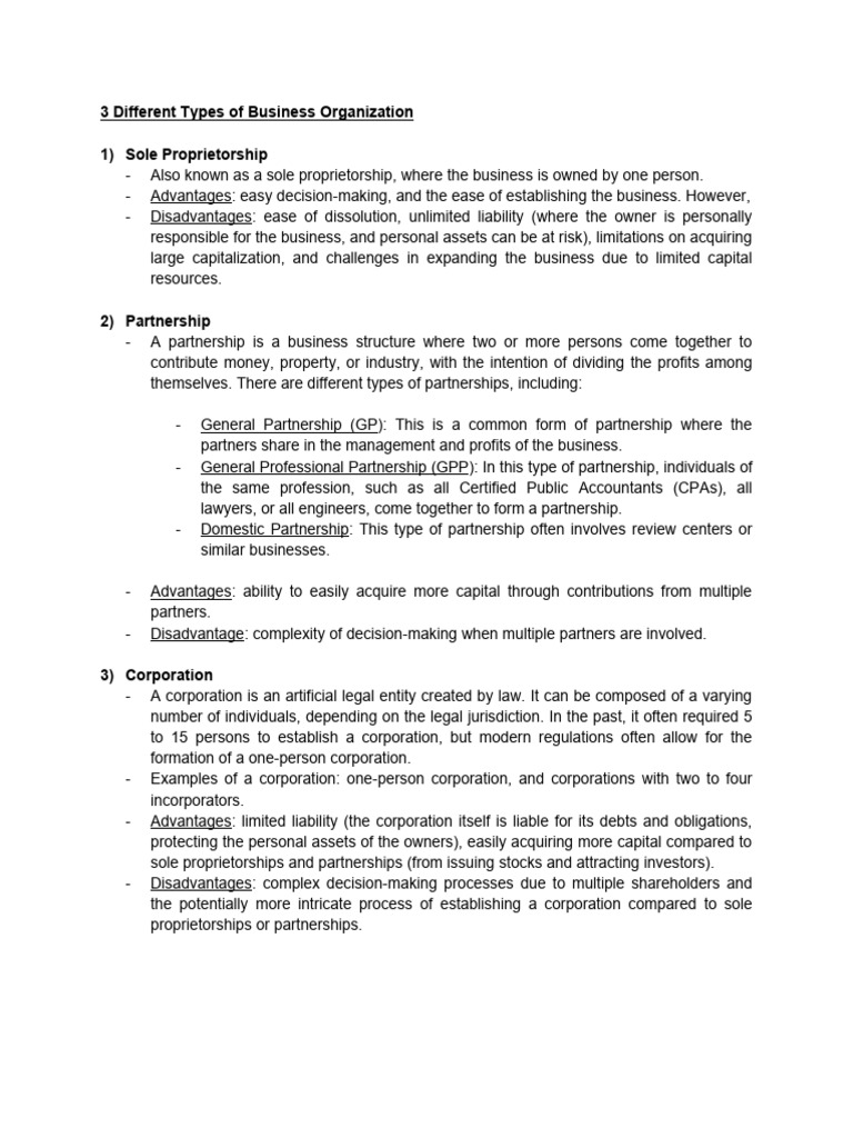 3 Different Types of Business Organization | PDF | Business | Partnership