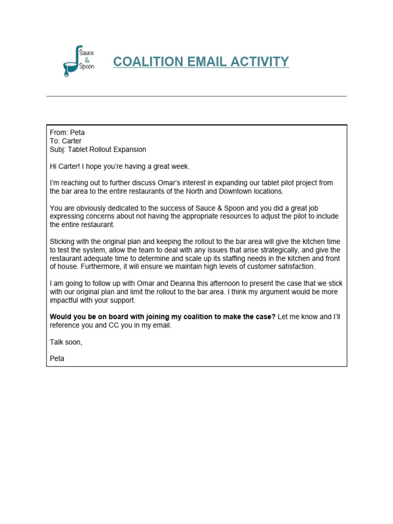 Sauce & Spoon Coalition Email Activity PDF