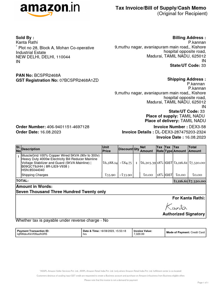 Amazon Tax Invoice for Voltage Stabilizer | PDF