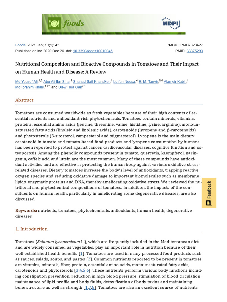 Nutritional Composition and Bioactive Compounds in Tomatoes and Their