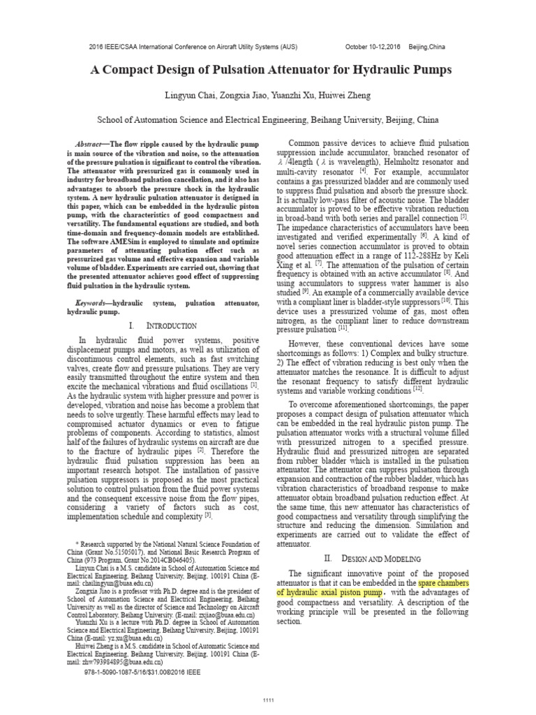 Compact Design of Pulsation Attenuator For Hydraulic Pumps PDF Pump