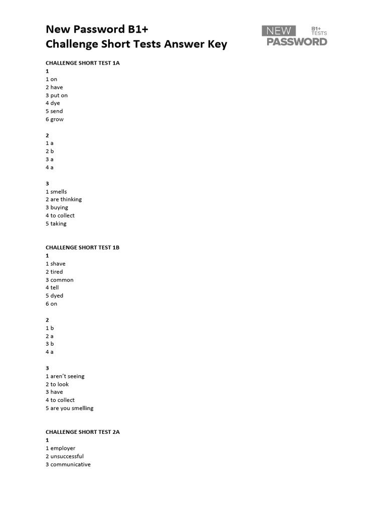 New Password B1+ Short Tests Answer Key | PDF | Cooking, Food & Wine