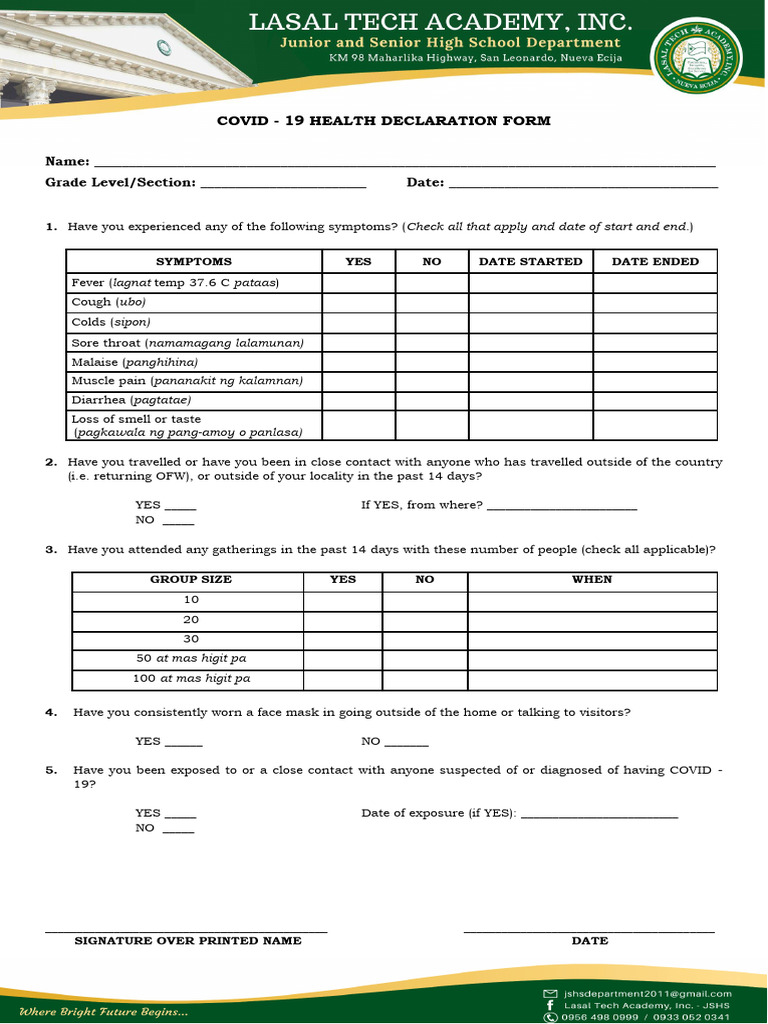 HEALTH DECLARATION SHEET 2022 (Students) | PDF | Career & Growth | Self ...