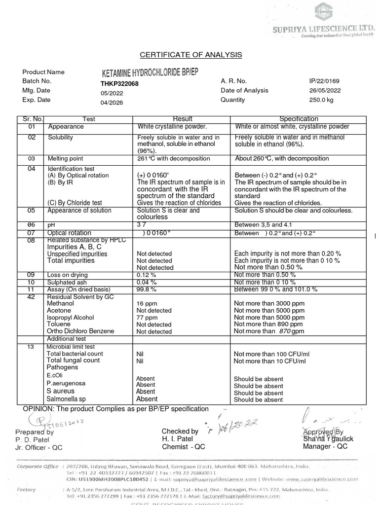 Ketamine HCl Certificate of Analysis | PDF | Solubility | Ethanol