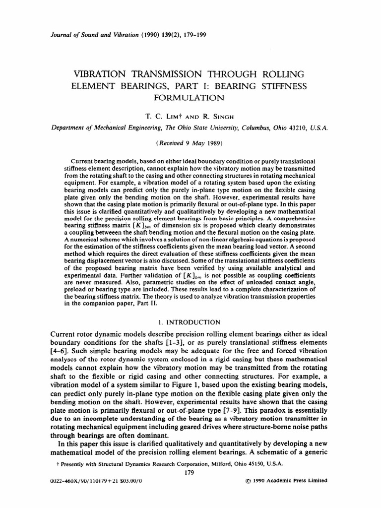 Vibration Transmission Through Rolling Element Bearings, Part I Bearing