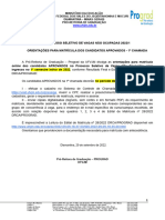 Orientações para Matrícula Candidatos Convocados Na 1 Chamada - VNO - 2022 - 1