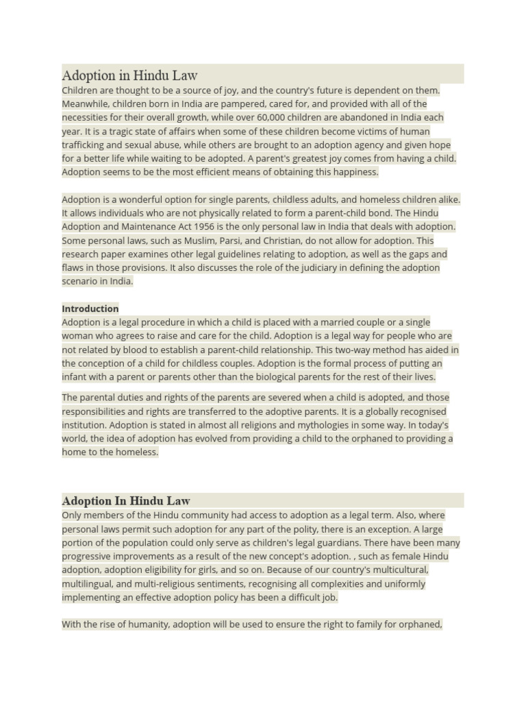 Adoption In Hindu Law Pdf Adoption Parent
