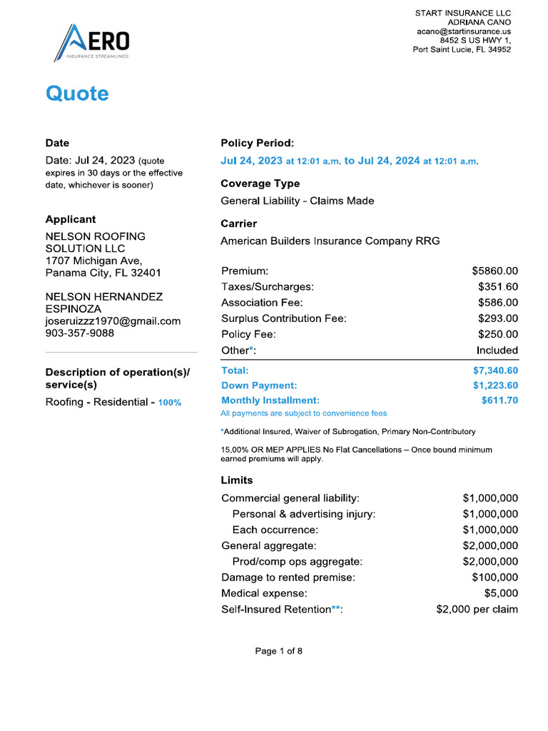 Nelson Roofing Solution LLC'S General Liability Proposal, Aero Insr. | PDF