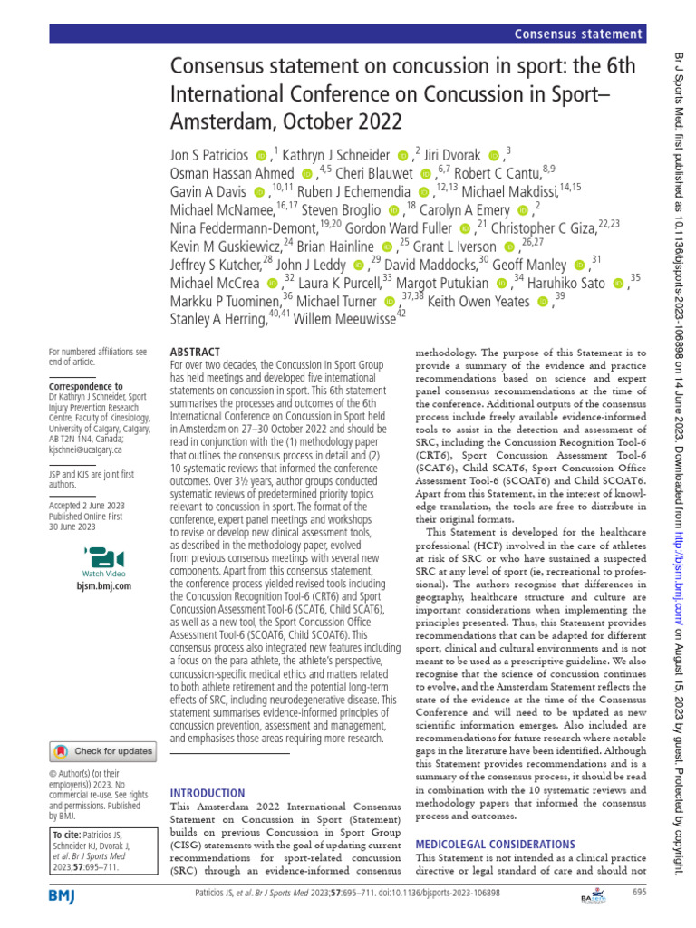 Consensus Statement On Concussion in Sport - Patricios Et Al 2023 | PDF
