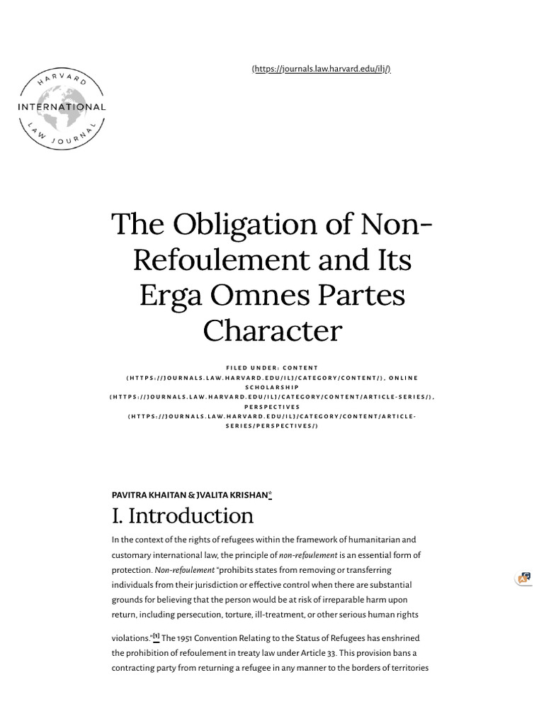 The Obligation Of Non Refoulement And Its Erga Omnes Partes Character
