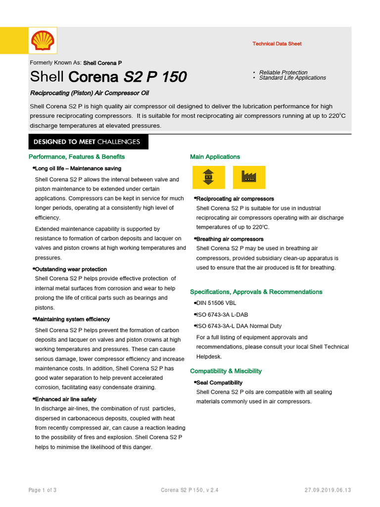 Shell Corena S2 P 150 Data Sheet | PDF | Piston | Water