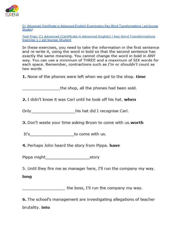 C1 Key Word Transformation Exercises | PDF | Language Arts & Discipline ...
