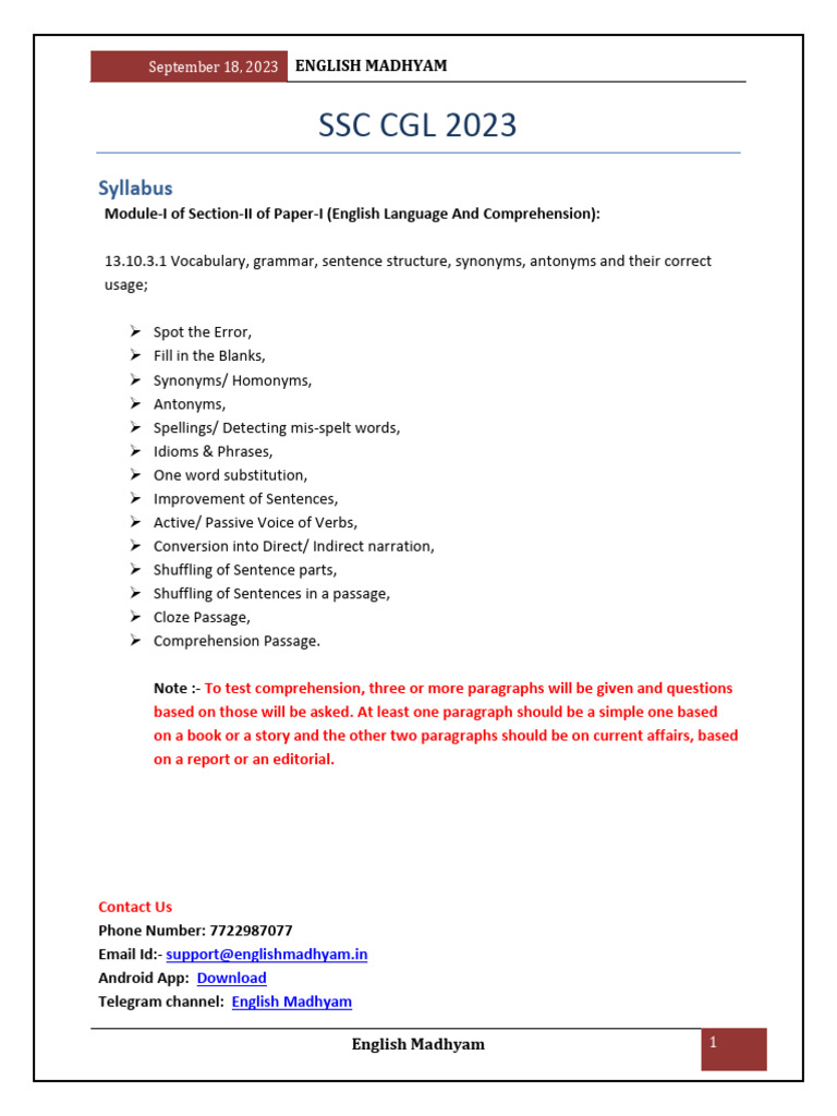 SSC CGL 2023 English Syllabus Guide | PDF | English Language | Personal ...