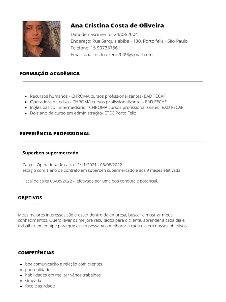 Currículo de Operadora de Caixa | PDF