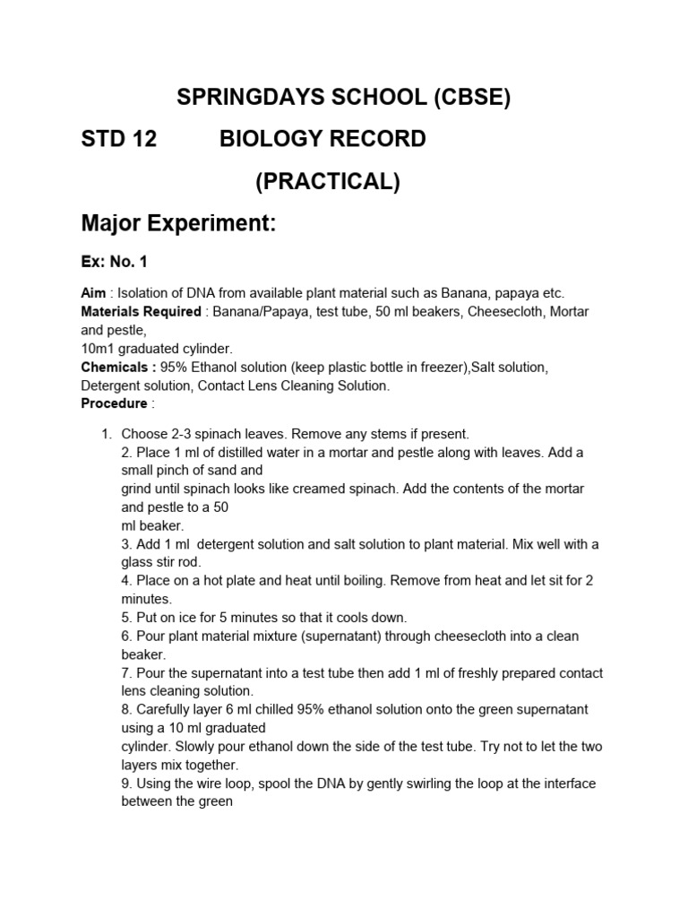 STD 12 Biology Practical Record Work PDF