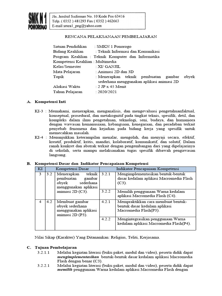 RPP Animasi 2D untuk SMKN 1 Ponorogo | PDF