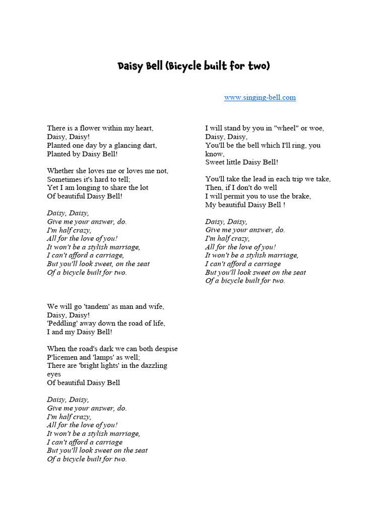 Daisy Bell Lyrics Singing Bell PDF
